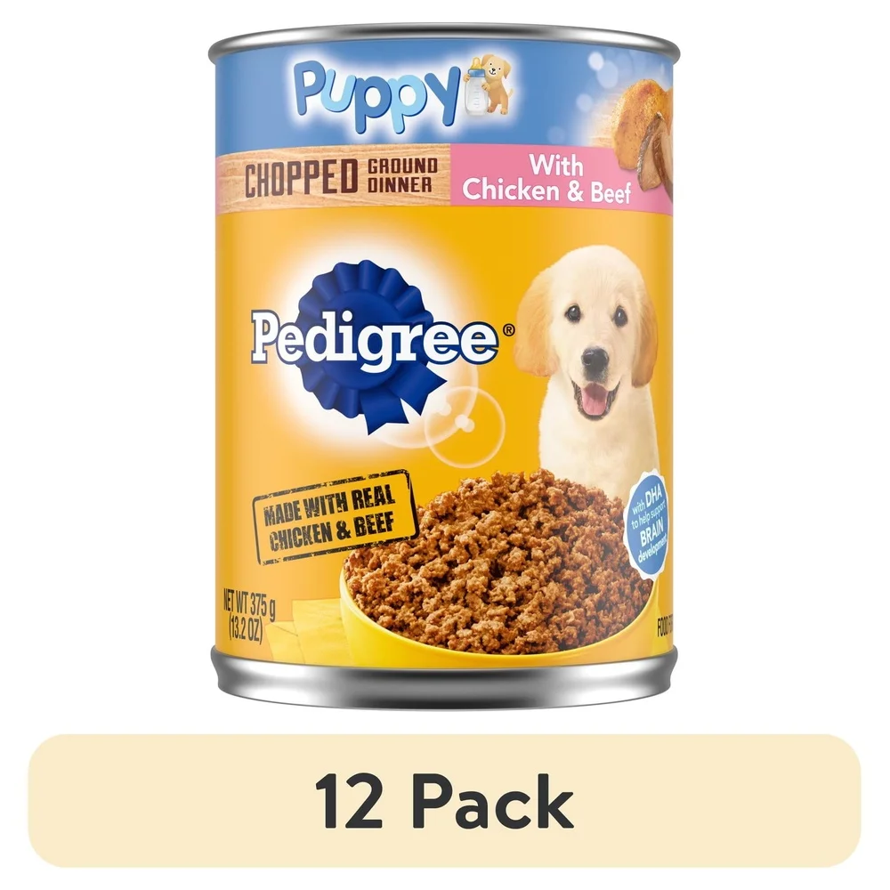 12 Pack Wet Puppy Food Canned Chicken Beef Ground Dinner 13.2 Oz Nutrient Rich Balanced Recipe Healthy Teeth Bones