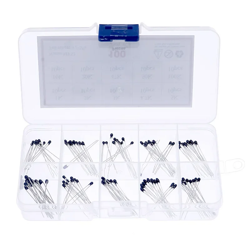 

100pcs 10Values NTC Thermistor Thermal Resistor Assorted Kit MF52AT Resistors set 1K 2K 3K 4.7K 5K 10K 20K 47K 50K 100K 5% 3950B