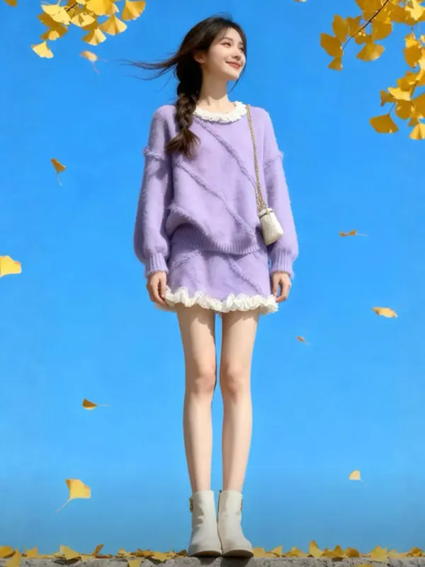 

2026 Ultra (3) Зимний наряд, мягкий красивый фиолетовый длинный свитер свека с юбкой, комплект из двух предметов, удобная мода...