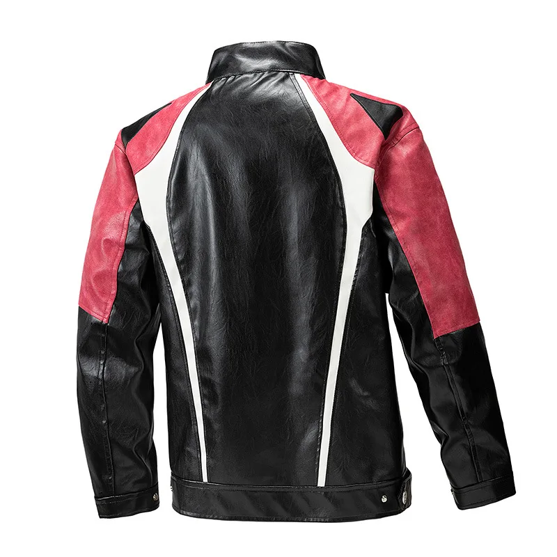 2024 men's new autumn and winter, color-matching PU leather jacket, youth fashion locomotive casual leather jacket