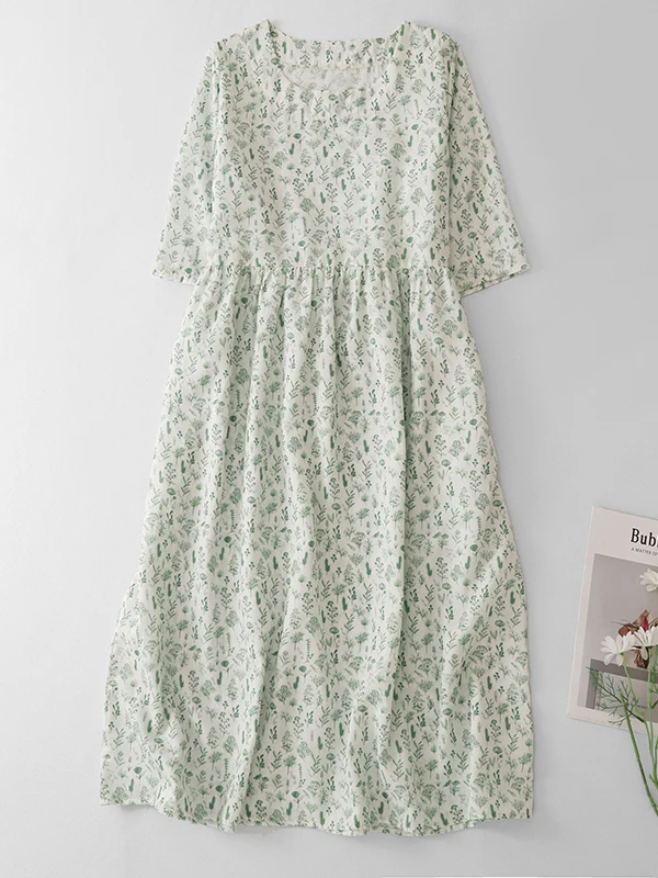 

French Style Floral Print Short Sleeve round Neck Midi Dress Breathable Comfortable A-Line Skirt for plus Size Women Summer D...