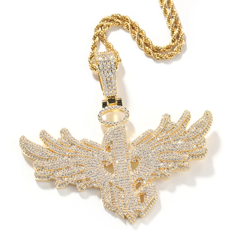 

Hip Hop 3A+ CZ Stone Paved Bling Iced Out Number 1 Large Wing Pendants Cool Personality Necklace for Men Rapper Jewelry
