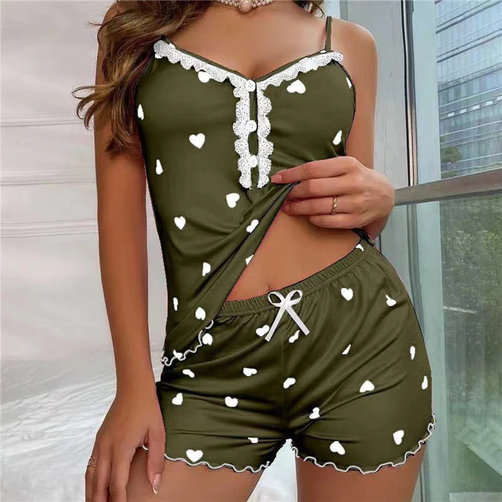 

Womens New Style Heart Print Camisole Shorts Pajama Sets Fashion Home Clothes