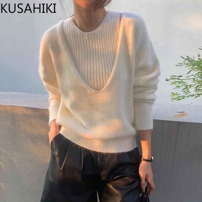 KUSAHIKI Korean Chic Autumn Winter Knit Pullover Vest+V-neck Long Sleeved Sweater Two-piece Set