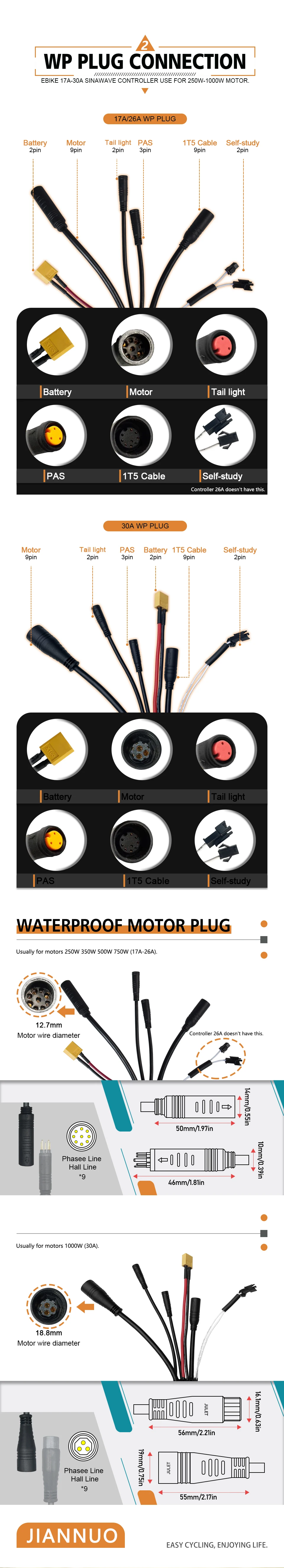 Ebike Drei-Modus-Sinuswellen-Controller 36V 48V 17-30A Wasserdichter Stecker mit LCD-Display für Elektrofahrrad 250W-1000W Motorteile – Detail 4
