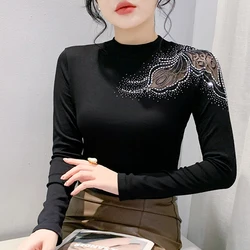 New 2026 Spring European Street Long Sleeve Round Neck Tops Fashionable Hollow Lace Hot Diamond Women Mesh T-Shirt Black Red Tee