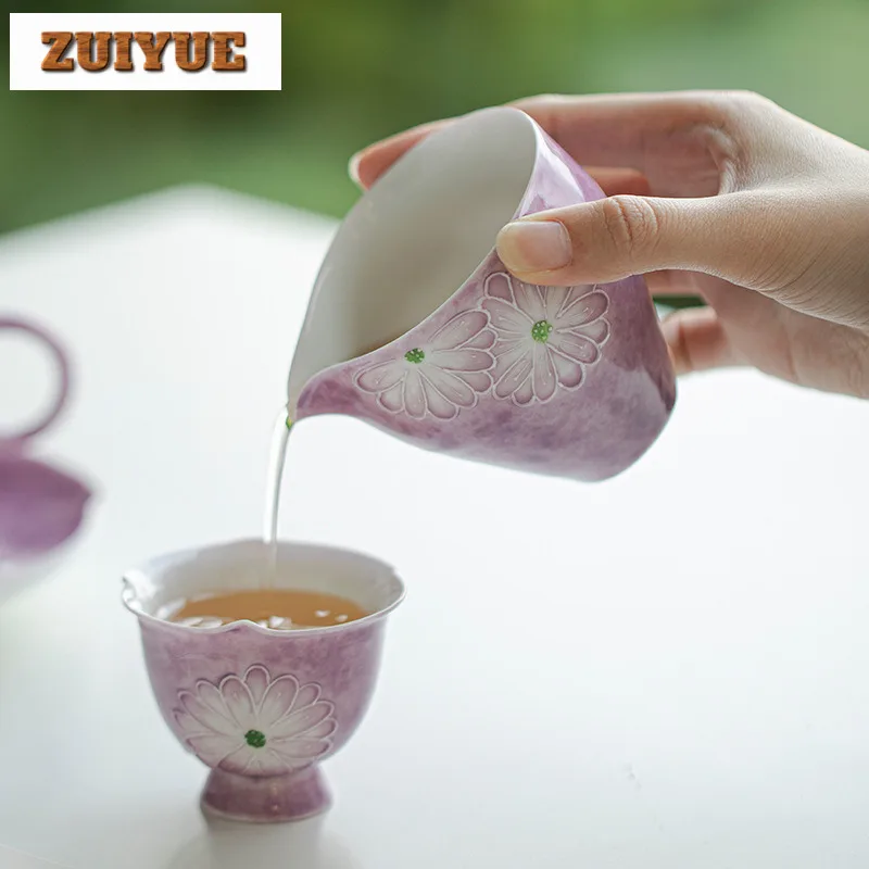 145ml Hand-painted Daisy Tea Pitcher Handmade Cardamom Purple Glaze Fair Cup Chahai Household Coffee Justice Cup Teaset Supplies