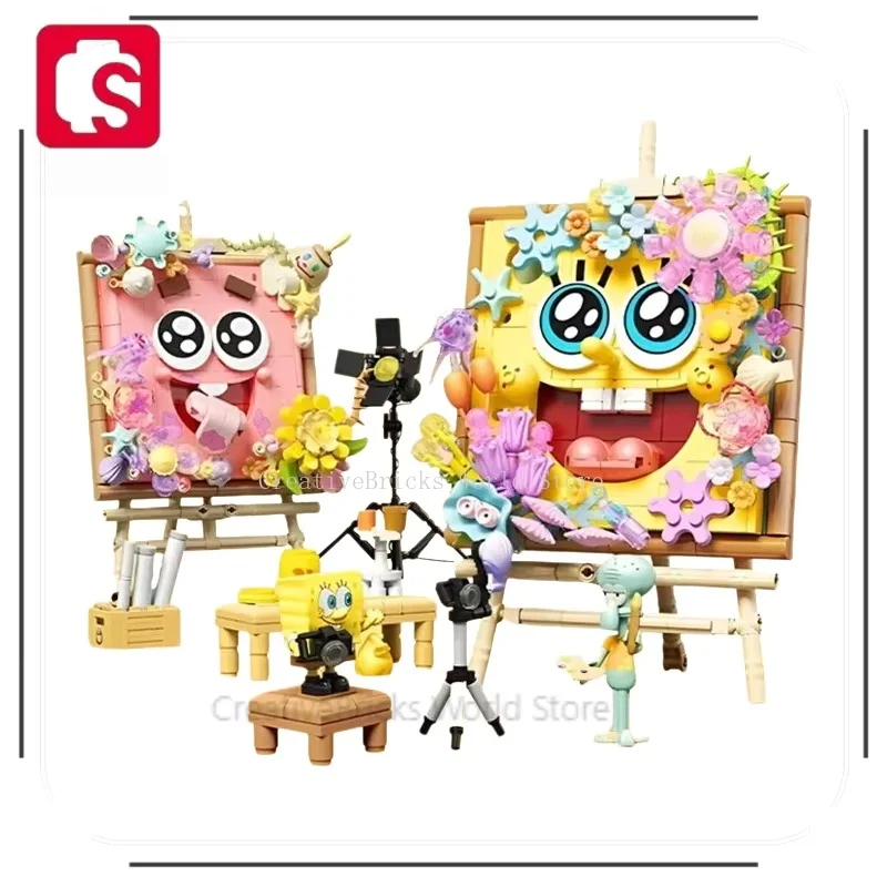 SEMBO SpongeBob Schwammkopf Blumen-Kunstmodell Staffelei-Szenen Bausteine Zusammengebautes Modell Lernspielzeug Cartoon-Ornamente Spielzeug