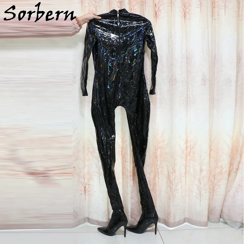 Sorbern Black Holo BodySuit Boots Unisex Crotch Thigh High Custom Size High Heels Womens High Neck Long Sleeve Sexy Back Zip