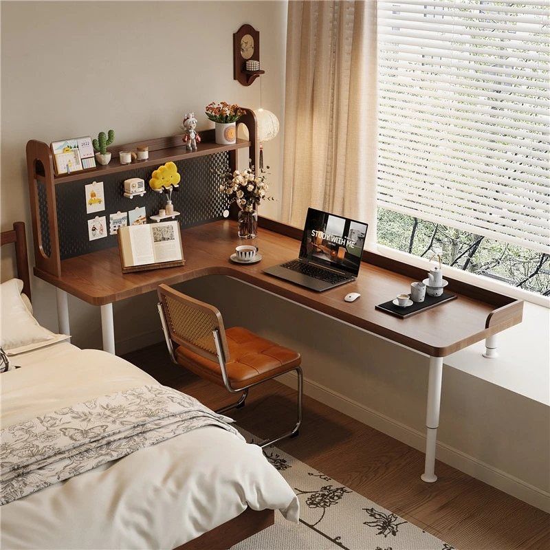 Medieval style solid wood bay window corner desk bedroom household long and short legs computer desk L-shaped corner office