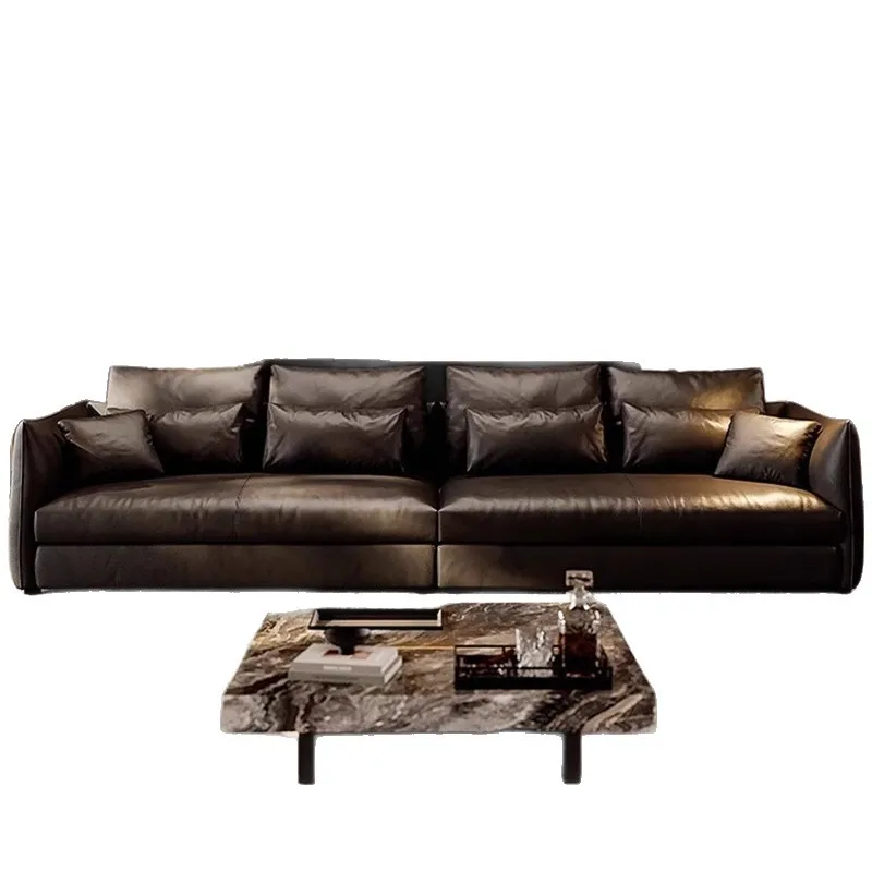 

Jungle sofa light luxury leather black sofa first layer cowhide Italian minimalist living room straight row