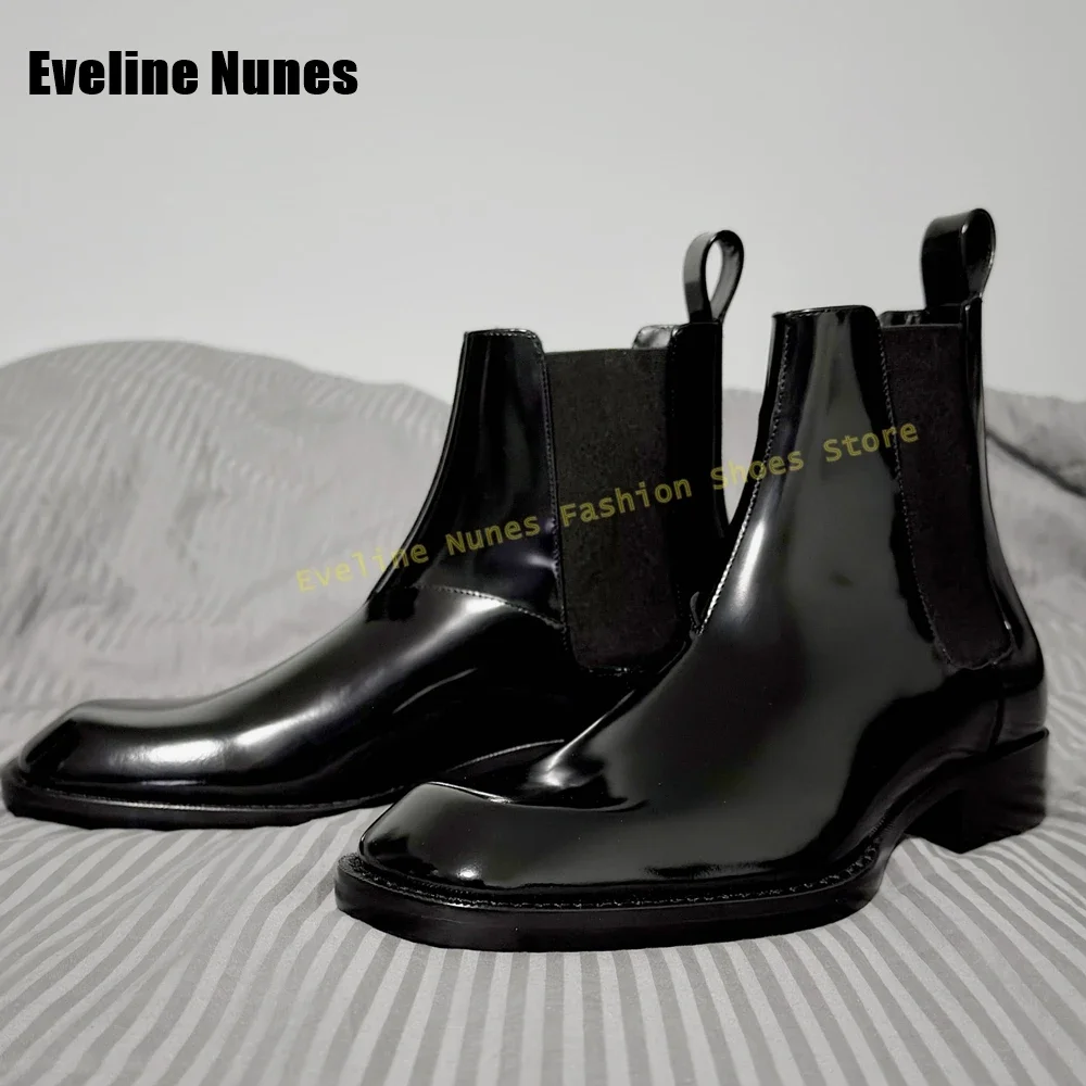 Dedo do pé quadrado retro chelsea botas de couro patente preto retalhos puxar no tornozelo masculino punk legal escuro bota 2025 novo estilo sapato casual