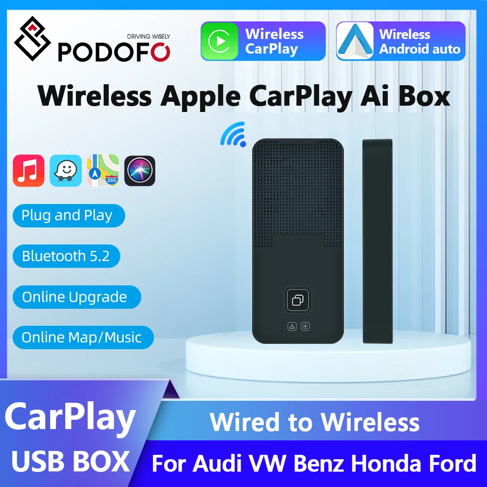 Podofo Wireless Android Auto Adapter Wireless Apple CarPlay Ai Box USB Type-C Dongle Bluetooth For Audi VW Benz Honda Ford