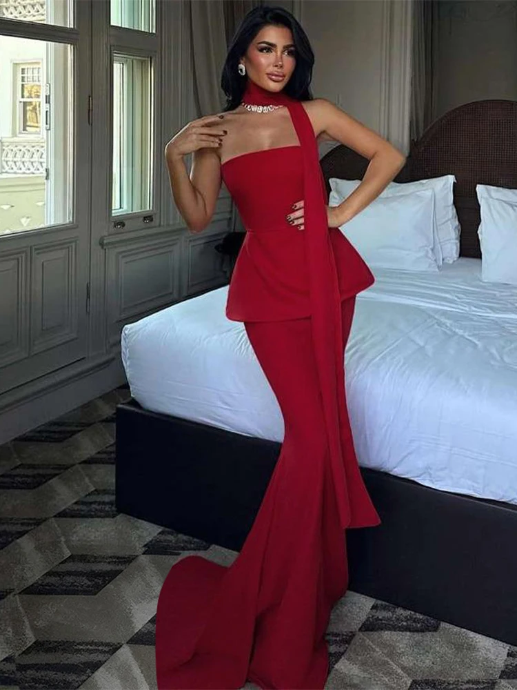 Kliou 우아한 Ruched Maxi 원피스 여성 Halter Long Ribbon Wrap Chest Off Shoulder Backless Midnight Prom Party Skinny Vestidos