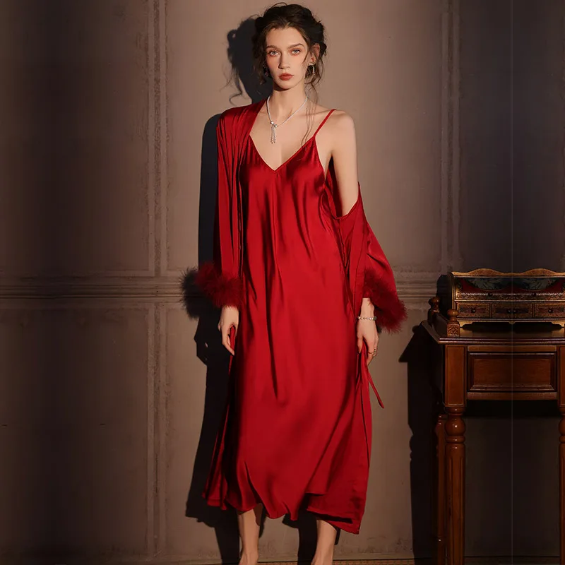 New Sleepwear Sexy Bride Wedding Kimono Bathrobe With Feather Cuff Female Twinset Long Robe And Suspender Nightdress Set