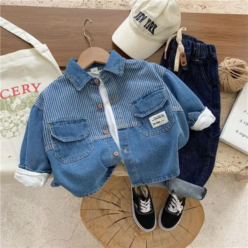 

Children's Spring Autumn Coat Denim Shirt Polo Collar Jacket Cardigan Fashionable Baby Coat New Spring Wear