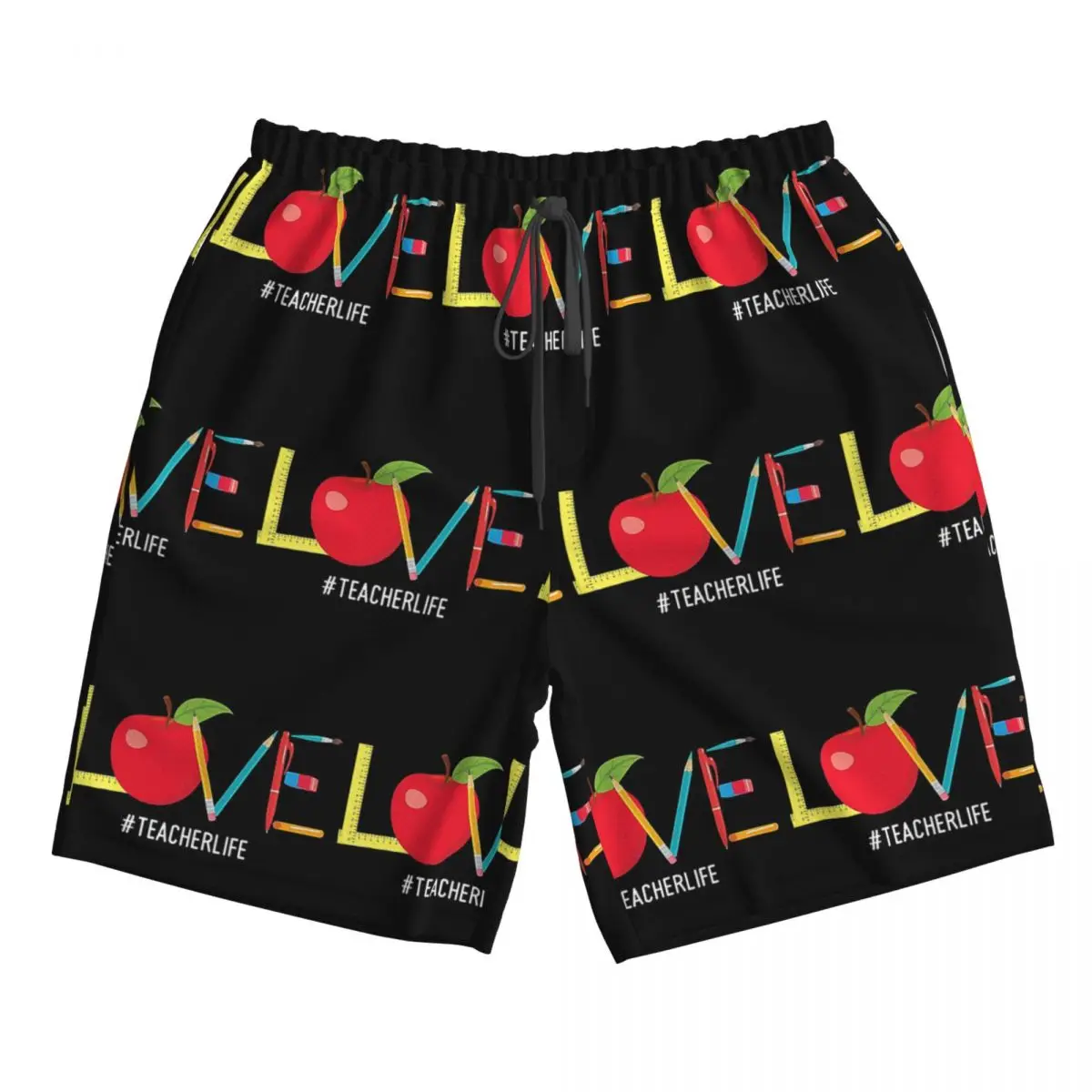 

Love Teacher Life Apple Pencil Trunks Beach Board Shorts Casual Quick Dry Swim Summer Men Pants