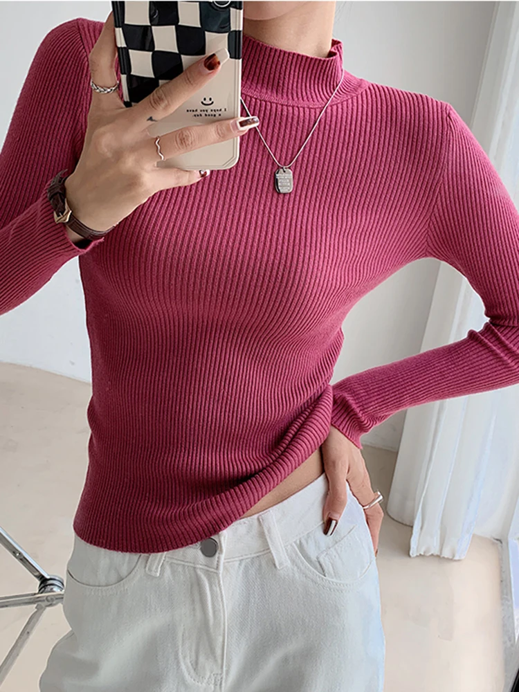 2024 Autumn Winter Sweaters Pullovers Women Long Sleeve Tops Turtleneck Knitted Sweater Slim Chic Clothes Solid Top Pull Femme