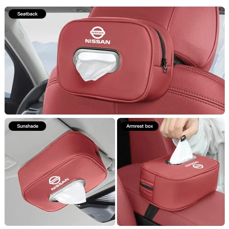 Leather Car Tissue Box Holder Back Seat Multi Storage Bag For Nissan Sylphy N7 Teana Qashqai Note J10 J11 Navara Juke GTR Patrol view 4