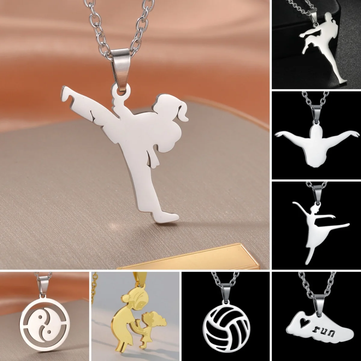 Taekwondo Kongfu Fight Figure Women Pendant Necklace Stainless Steel Karate Fight Chain Necklace Jewelry for Sportsman