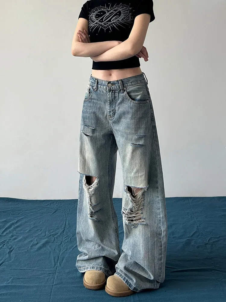 

Retro American High Street Distressed Design Jeans Loose Straight Wide Leg Casual Floor-Length Trousers for Men And Women