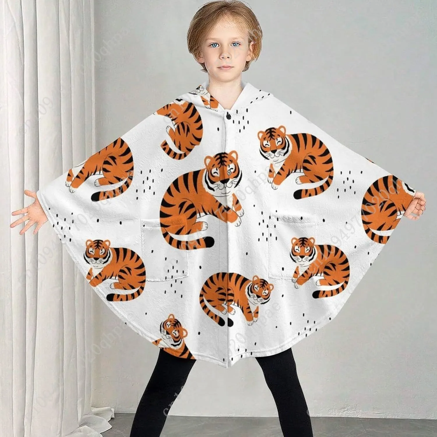 Comodo maglione coperta in flanella, felpa con cappuccio oversize con motivo tigre carino con tasche per bambini e adolescenti