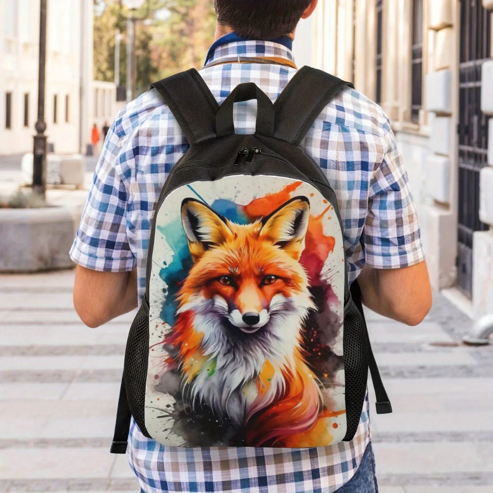 Large Capacity Watercolor Fox Casual Backpack - Lightweight, Adjustable Shoulder Bag with Polyester Lining and Zipper Closure