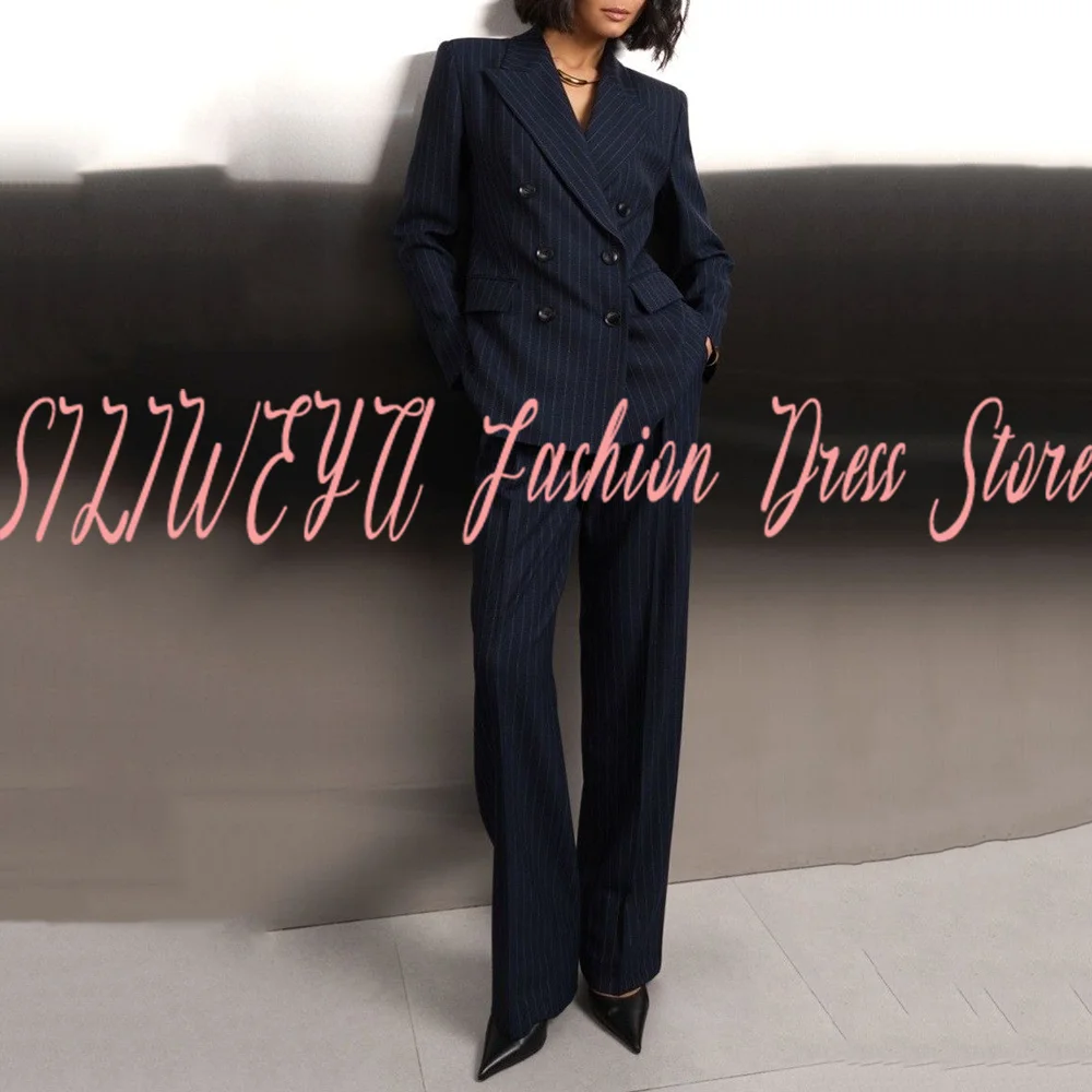 Elegant 2 Piece Formal Business Suit Women's Navy Blue Pinstripe Double Breasted Blazer & Wide Leg Pants Set for Office Workwear
