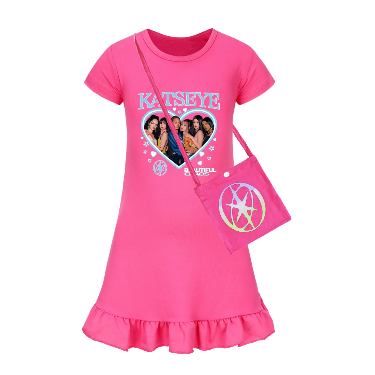 New Katseye K-pop Print Dress Kids 2026 Summer Short Sleeve Casual Dresses Baby Girls Cartoon Sleepwear Children Cute Nightgowns