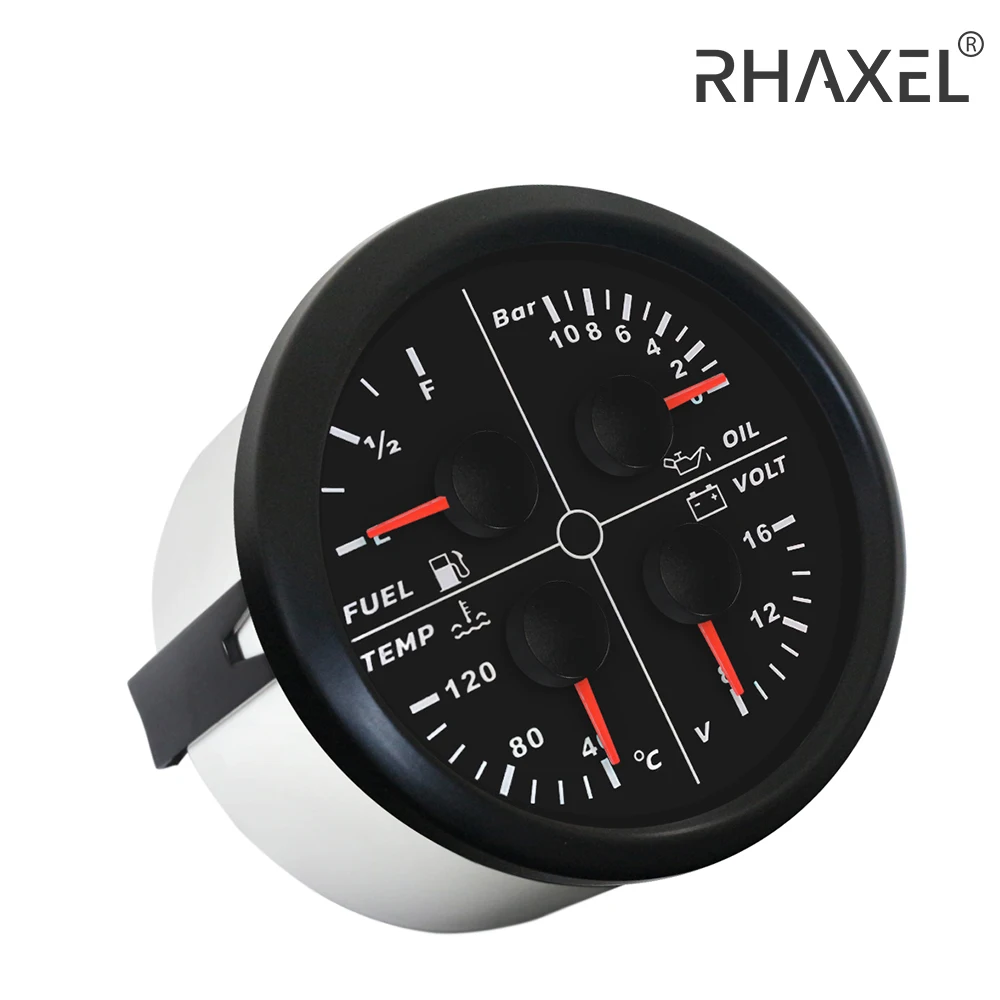 

RHAXEL 85mm Universal 4-in-1 Multi-Functional Oil Pressure 0-80PSI 0-5Bar 10Bar Fuel Level 40-120℃ Water Temp 8-16V Voltmeter