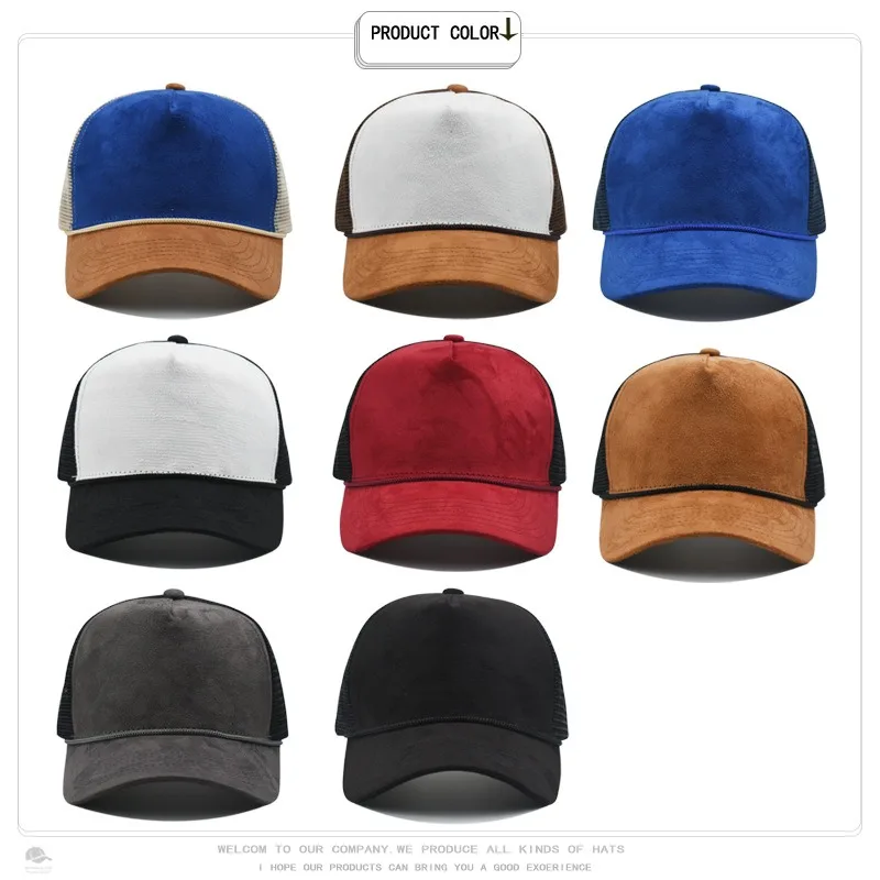 New Custom Printed Logo Color Block Suede Baseball Cap for Men and Women Five Panel Mesh Hat Outdoor Visor Dad Trucker Hats
