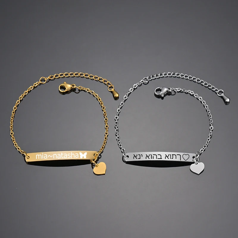 Pulsera de acero inoxidable con grabado de corazón y nombre, placa con letras personalizadas, pulseras con fecha y mariposa para mujer, regalo de joyería para niña