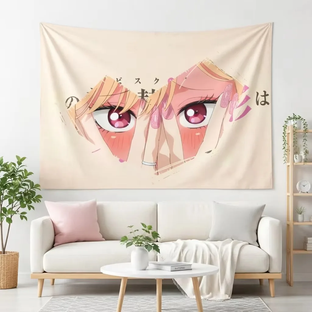 M-Marin K-Kitagawa Blush Girl Y2K Tapestry, Close Eyes Torn Paper Frame Polyester Wall Hanging for Bedroom Dorm Room Decor