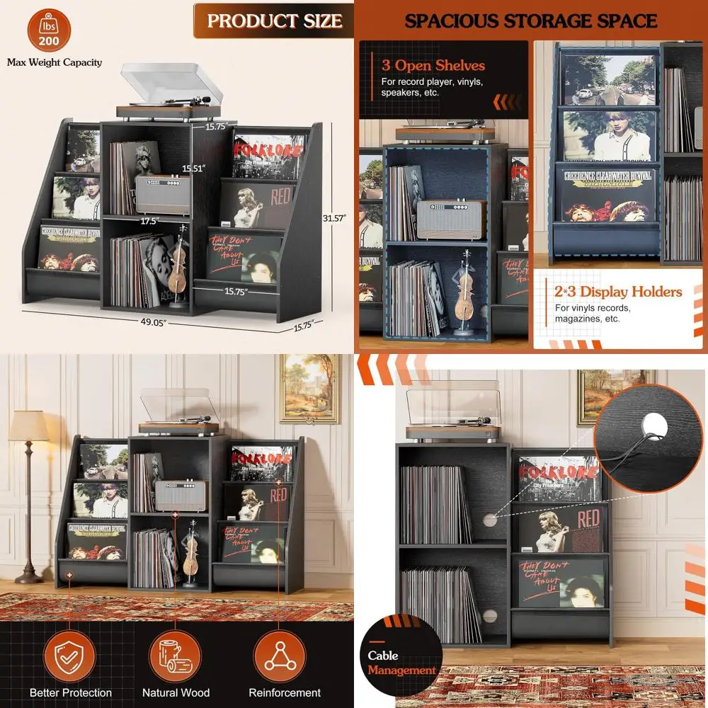 Vinyl Record Storage Stand for 300 Albums, Turntable Holder with Display Shelving, Media Stereo Audio AV Cabinet
