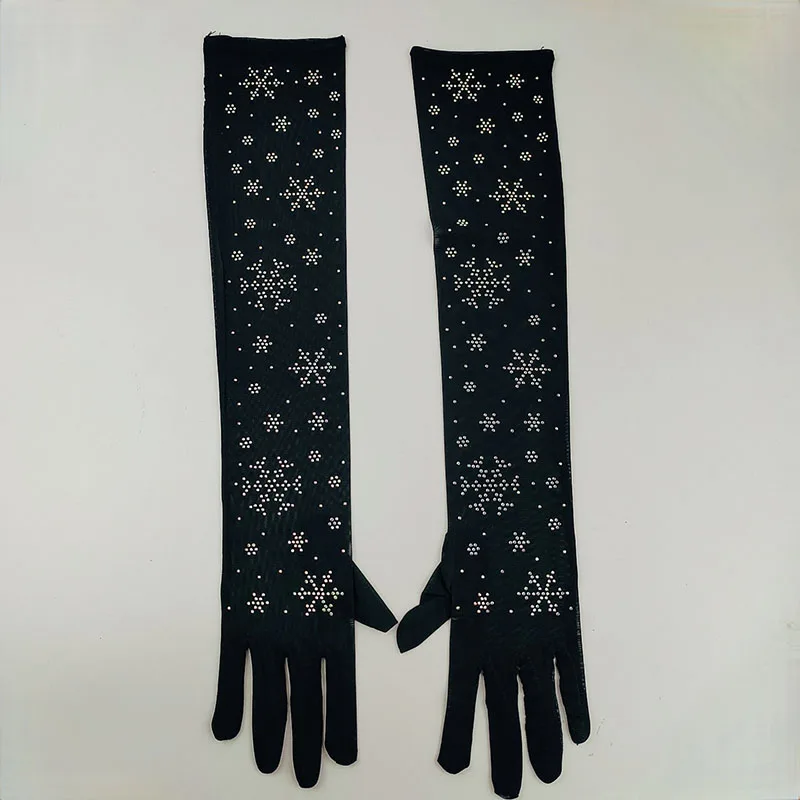 Sexy Black Lace Glove 55CM Long Thin Elastic Mesh Snowflake Shiny Rhinestone Halloween Makeup Party Costumes Accessories Cosplay