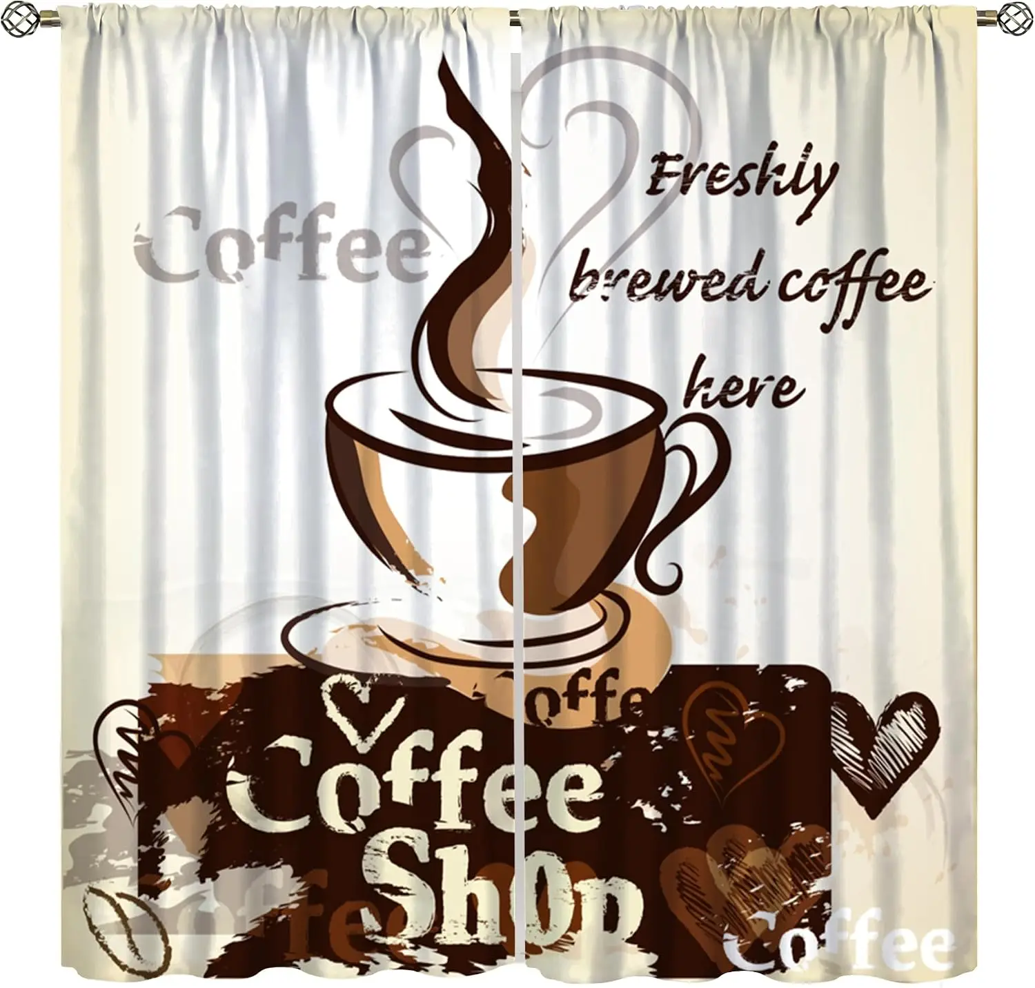 Vintage Coffee Shop Curtains, Sketch Coffee Cup Heart Fresh Brewed Text Cream Background Window Drapes for Cafe Kitchen Decor