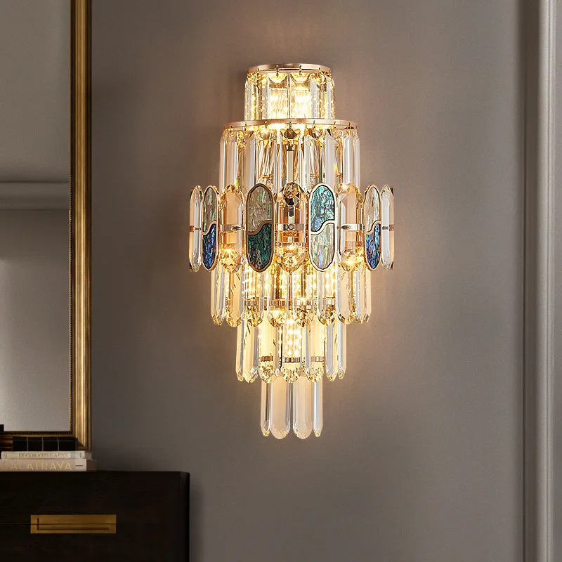 Champagne gold living room, new light luxury crystal creative personality, bedroom bedside lamp, Nordic aisle wall lamp