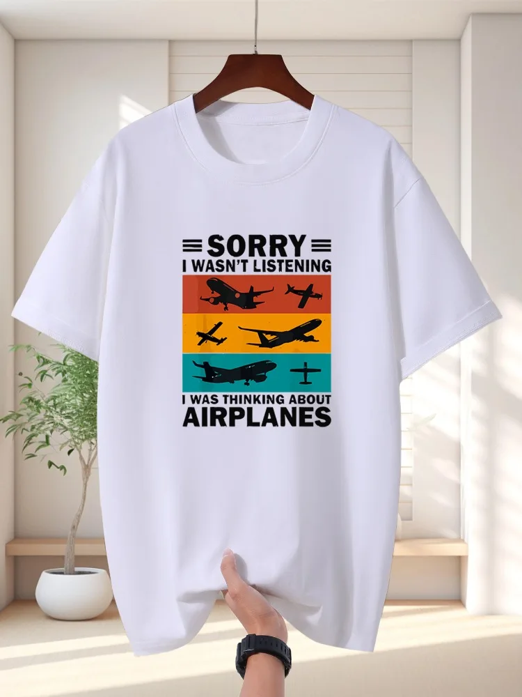 Men's Summer 100% Pure Cotton Fashionable Casual Loose Fun Aviation Pattern Printed Sports Round Neck Short Sleeved T-shirt Top