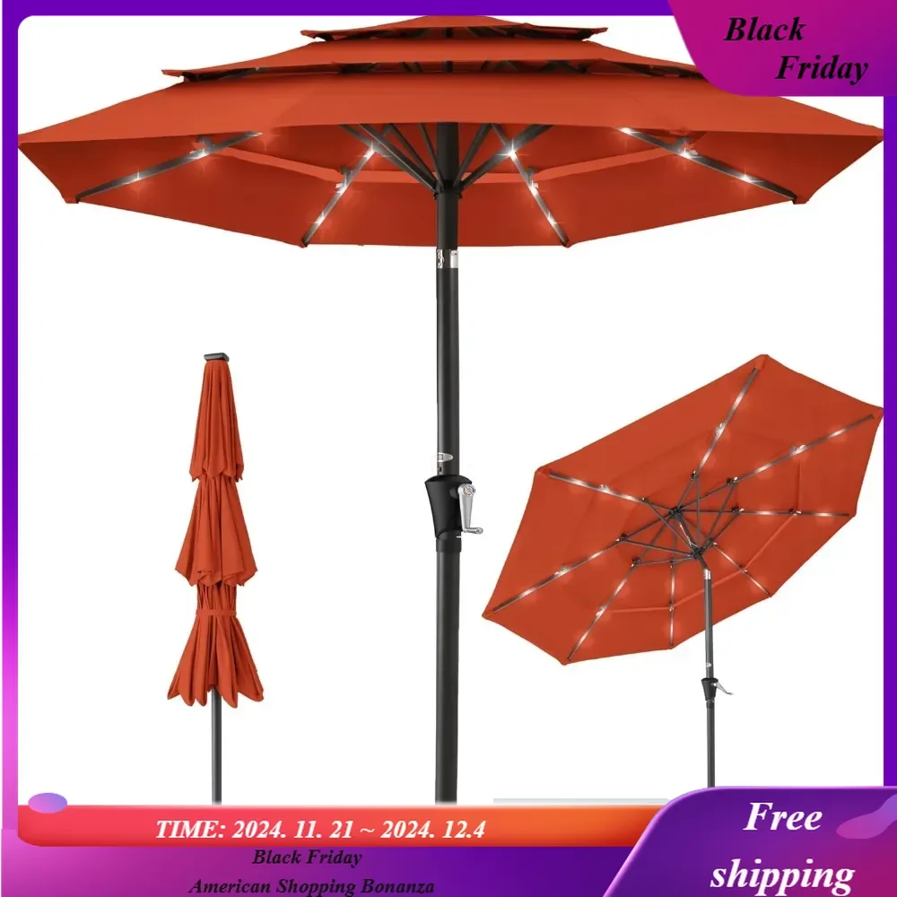 

10ft 3-Tier Solar Patio Umbrella, Outdoor Market Sun Shade for Backyard, Deck, Poolside w/ 24 LED Lights, Tilt Adjustment