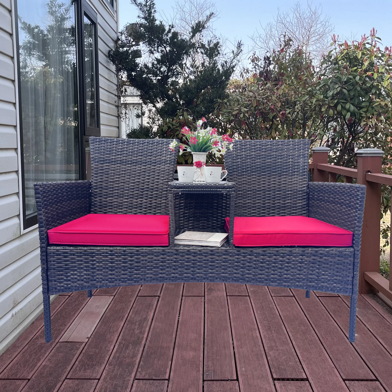 

Wicker Patio Conversation Furniture Set with Removable Cushions, Table & Tempered Glass Top - Modern Rattan Bench for Garden/Law