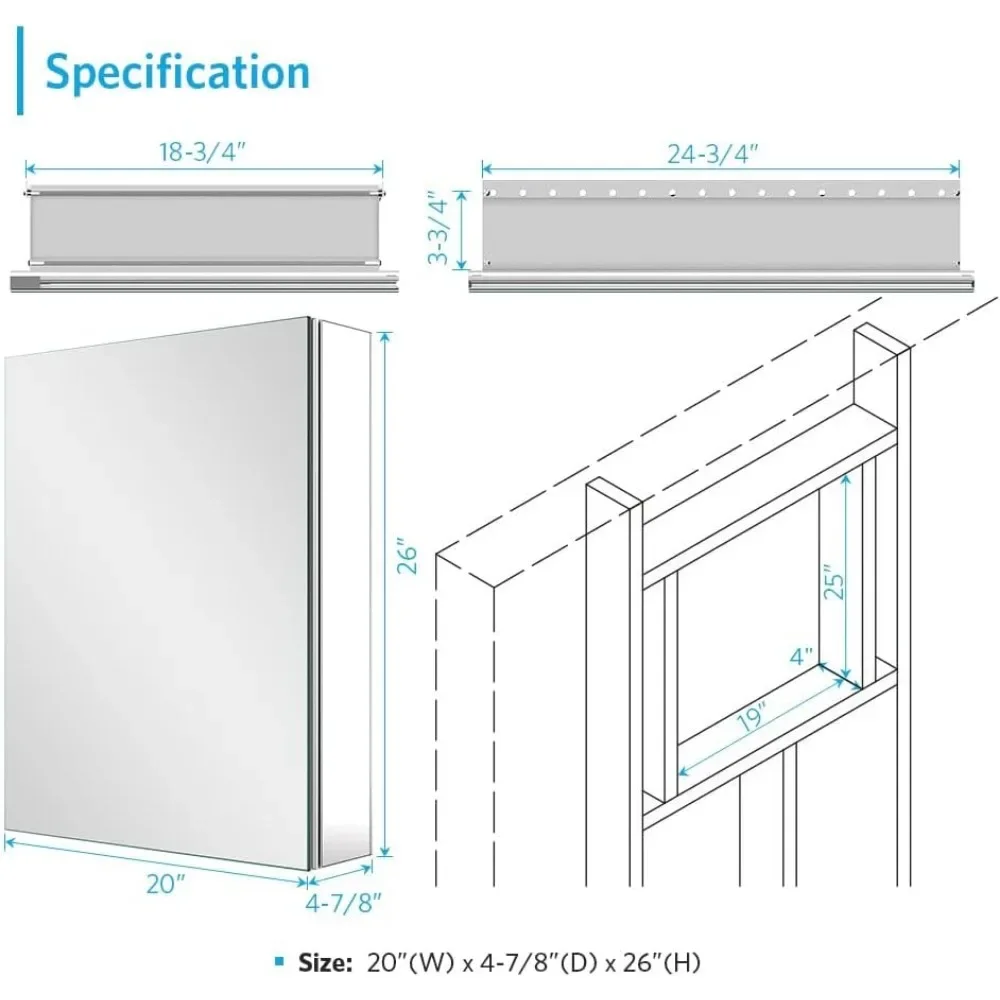 Verspiegelter Medizin schrank mit Aluminium-Einbau-oder Oberflächen montage zur Aufbewahrung im Badezimmer 20x26 Zoll, Spiegel mit voller Auflage Silber