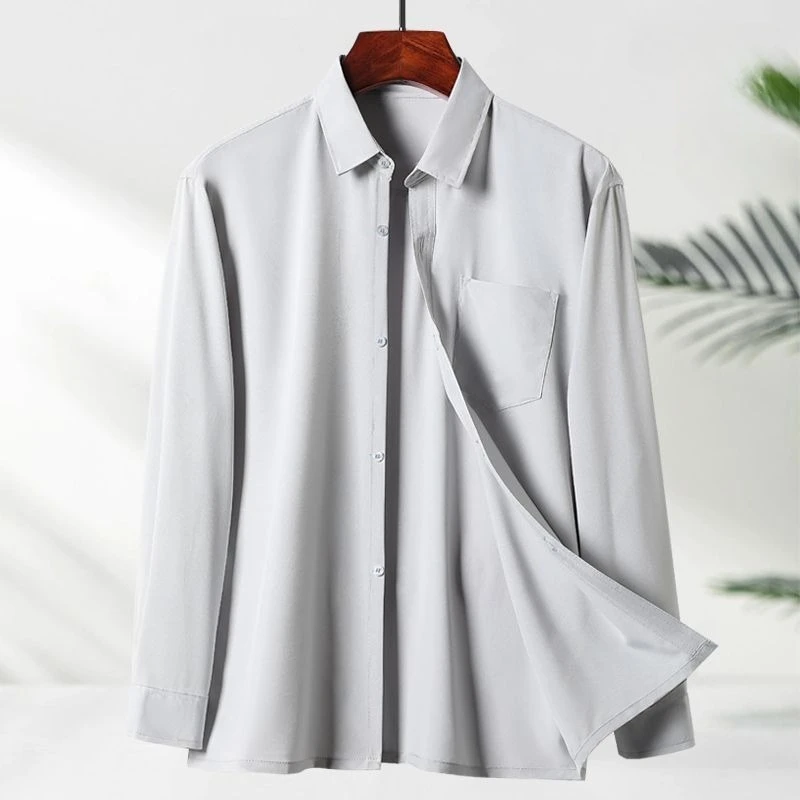 Summer Lightweight Ice Silk Men Long Sleeve Shirt Breathable Senior Dad Top