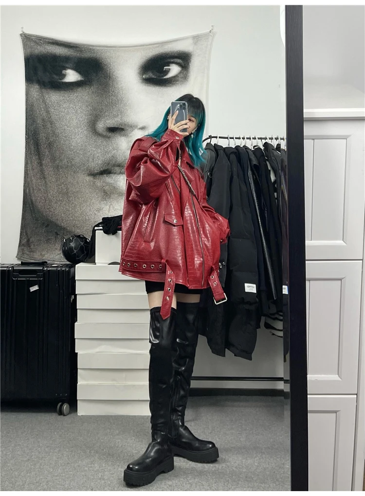 Lautaro Spring Autumn Oversized Red Shiny Crocodile Pattern Leather Biker Jacket Women Long Sleeve Zipper Belt Cool Fashion 2022