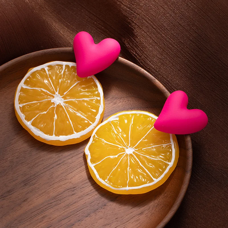 Summer Day Vacation Style Cute Lemon Orange Fruit Heart Shape Earrings for Women New Trendy Personality Simulation Fruit Jewerly