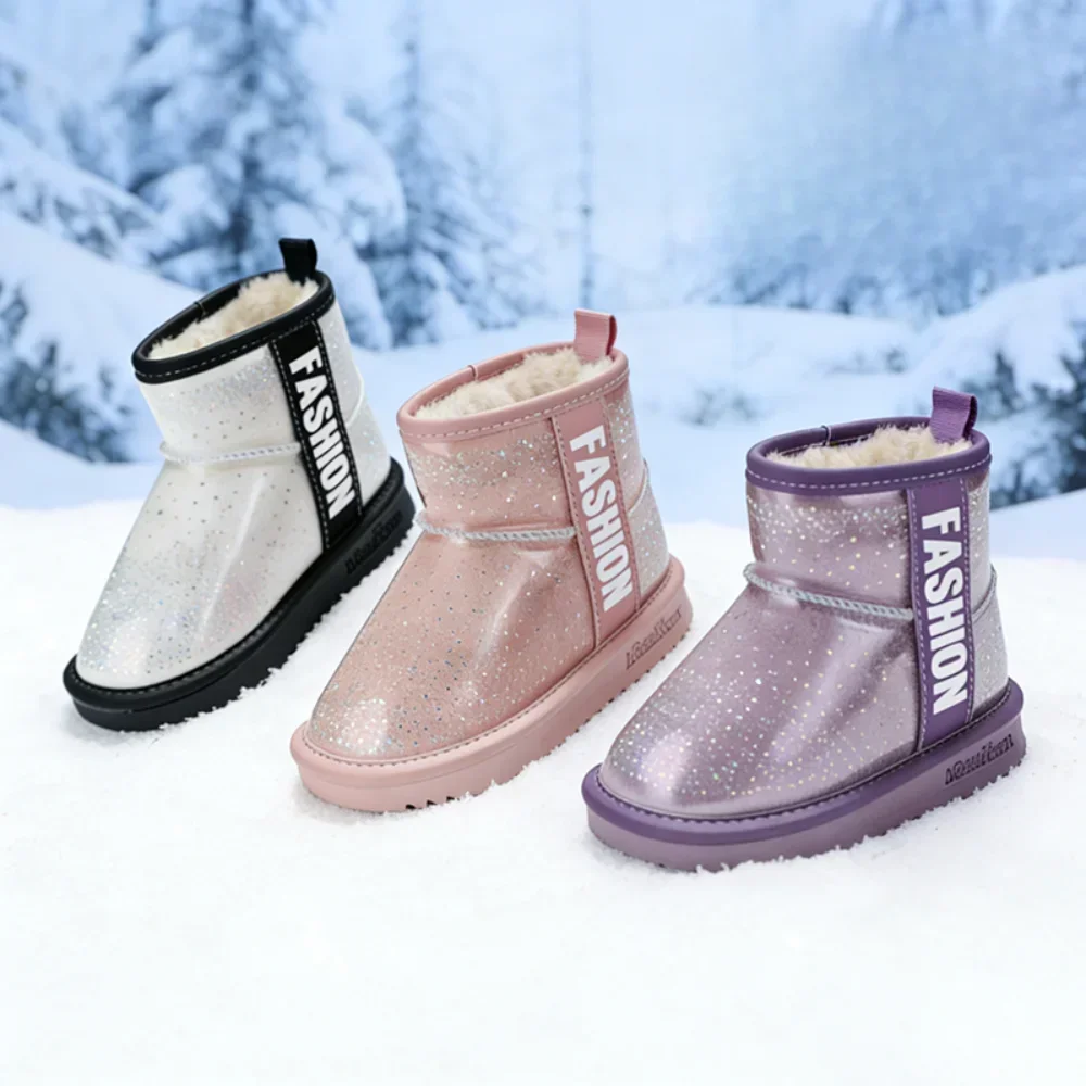 Toddler Girls Shiny Glitter Snow Boots, Fleece Lined Pull‑On Thick Sole Winter Warm Ankle Boots