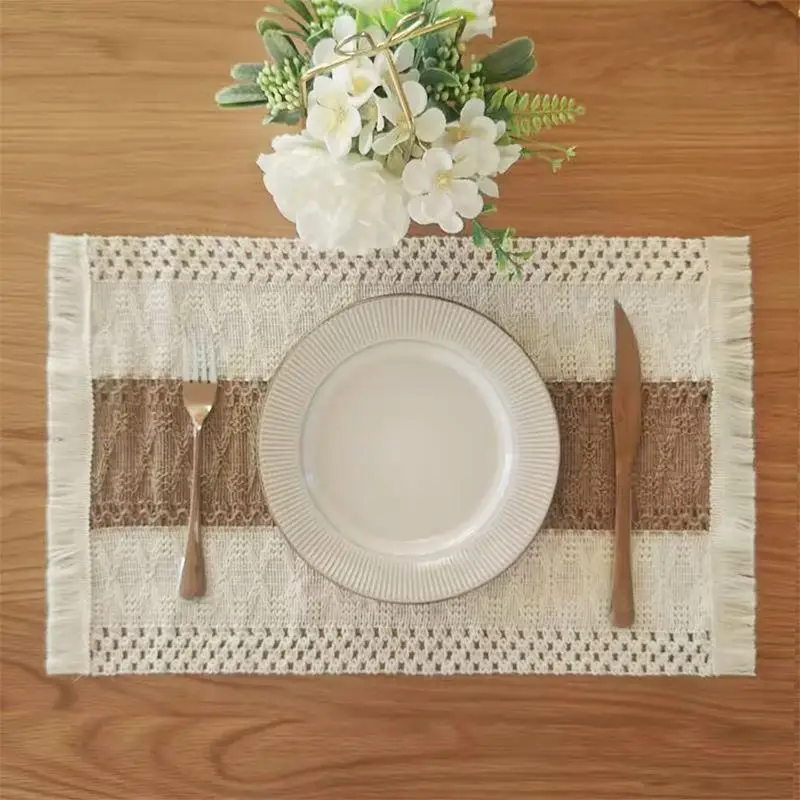 1pcs Farmhouse - Style Rectangular Placemats, Woven Tassel Table Mats. Ideal For Decorating Dining And Kitchen Tables