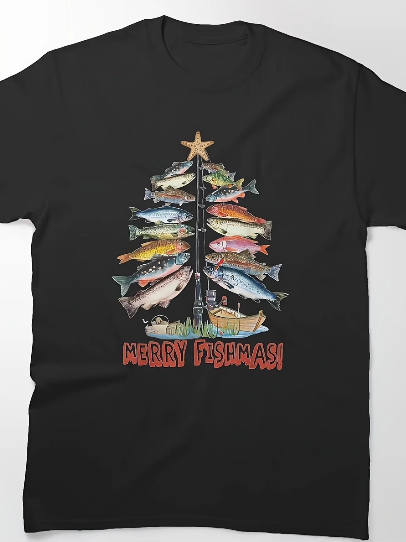 Men's Vintage Fishing Christmas Tree T-Shirt Christmas Fish Graphic Tee with Fish Design Crew Neck Holiday Parties Fishing Trips