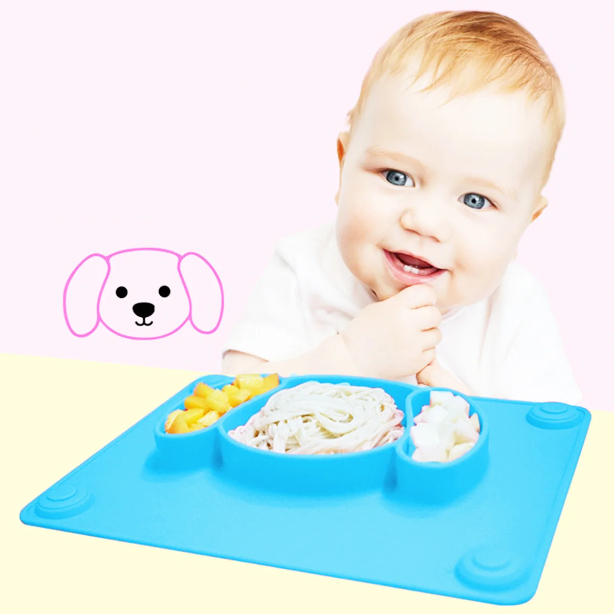 

Silicone Feeding Placemat One-Piece Dishware Dining Tray Sticks To Table Food Grade Deep Compartments Easy