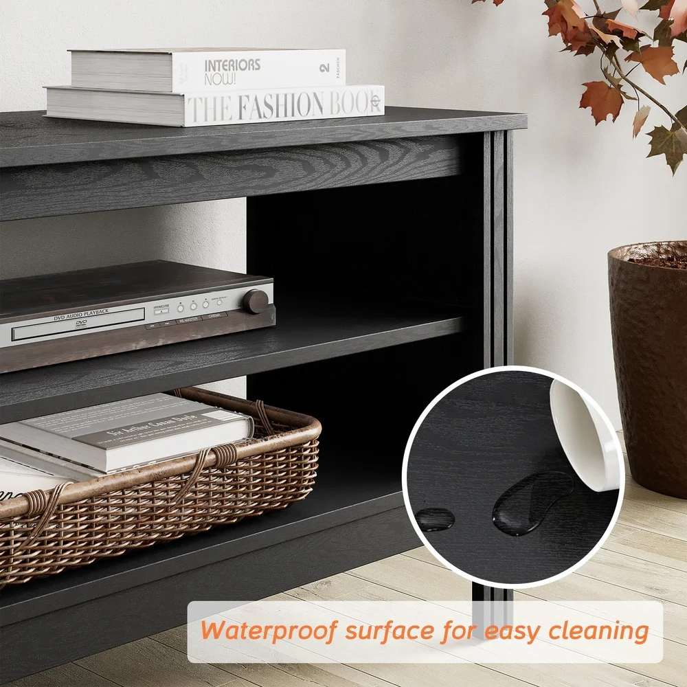 목재 TV 스탠드 75인치 TV 엔터테인먼트 센터(오픈 선반 4개 포함) 로봇 진공청소기와 호환되는 미디어 콘솔 보관 테이블