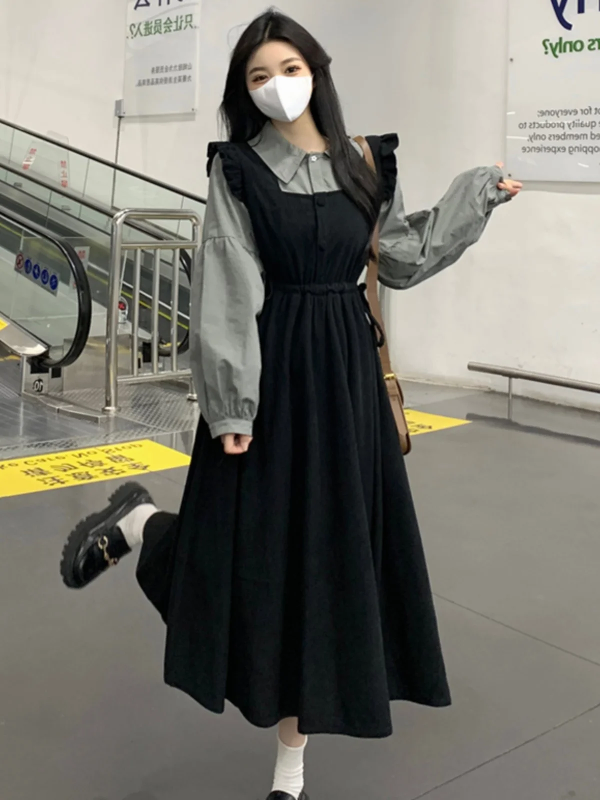 

Женское осенне-зимнее платье больших размеров с высокой талией, утепленное, с длинными рукавами, воротником-стойкой, черное, для полных женщин